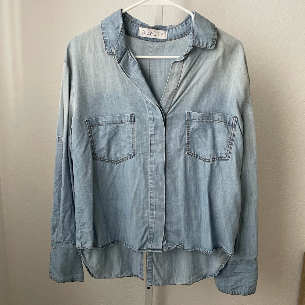 Distressed denim button down